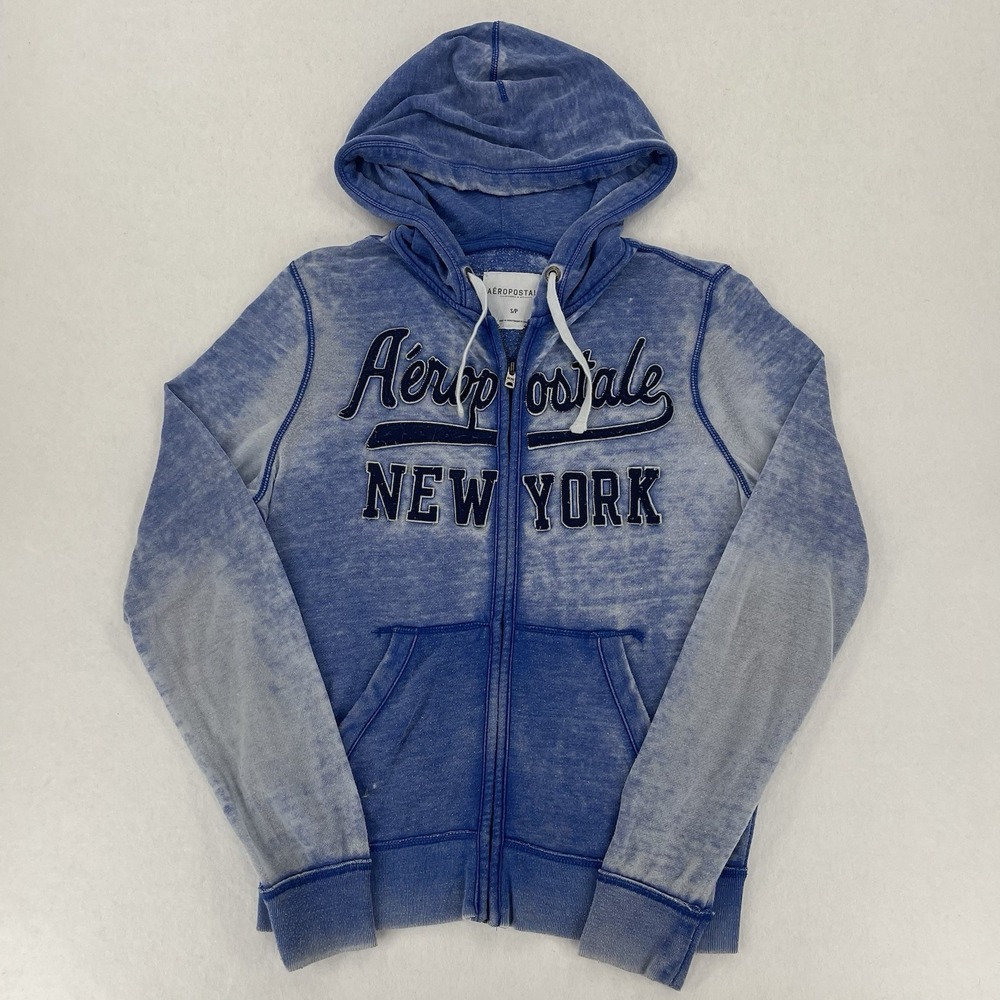 Aeropostale Full Zip Hoodie Womens S Blue Acid Wash Embroidered 2000s Y2K Retro